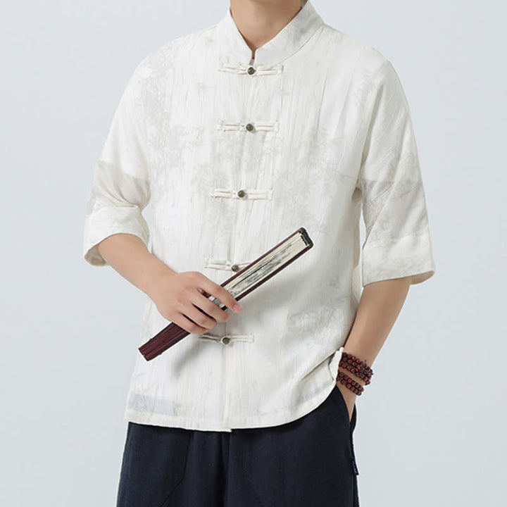 Buddha Stones Camisa de hombre de manga corta con diseño de agujas de pino y botones de rana - image 16