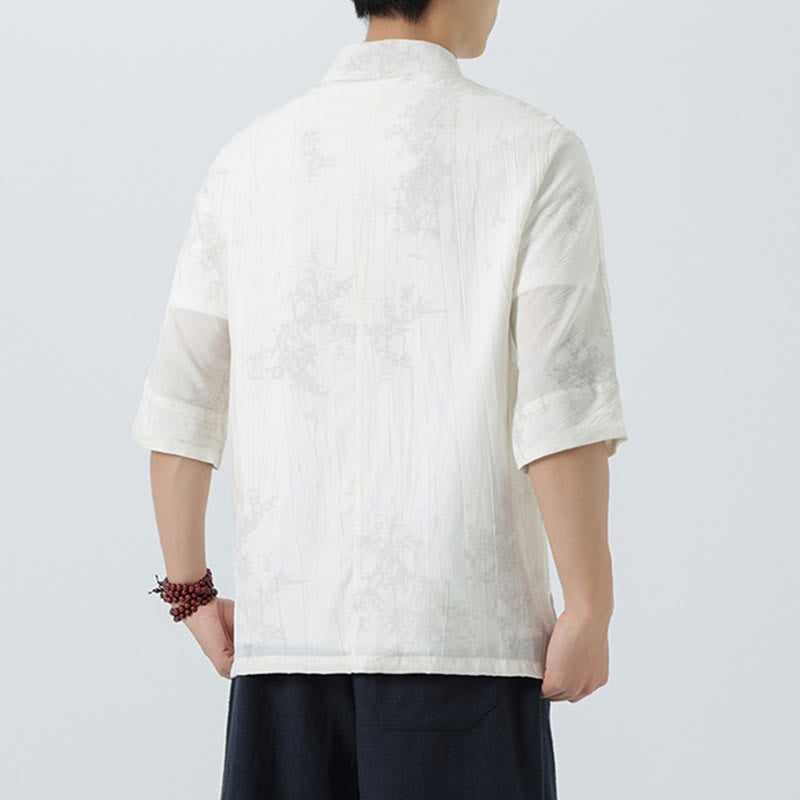 Buddha Stones Camisa de hombre de manga corta con diseño de agujas de pino y botones de rana - image 12