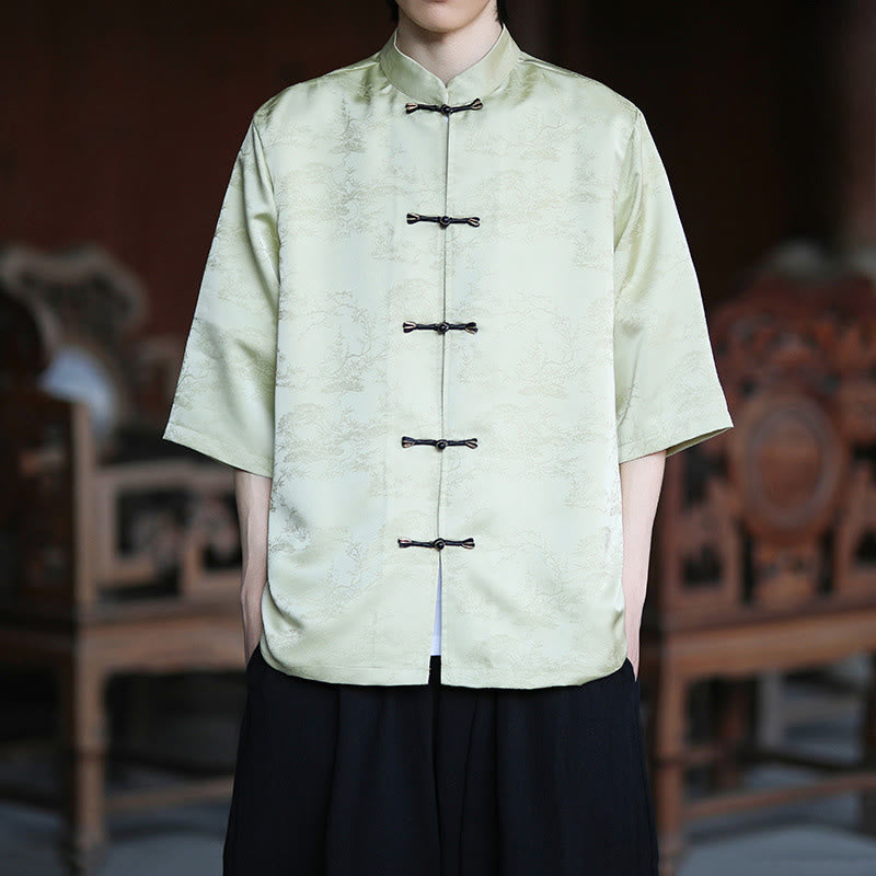 Buddha Stones Camisa de hombre de media manga con diseño de botones de rana y estampado de montaña y pino de verano - image 1