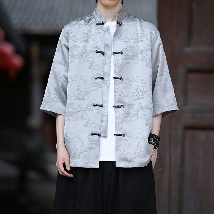 Buddha Stones Camisa de hombre de media manga con diseño de botones de rana y estampado de montaña y pino de verano - Gainsboro - US/UK/AU46, EU56 (5XL) - image 7