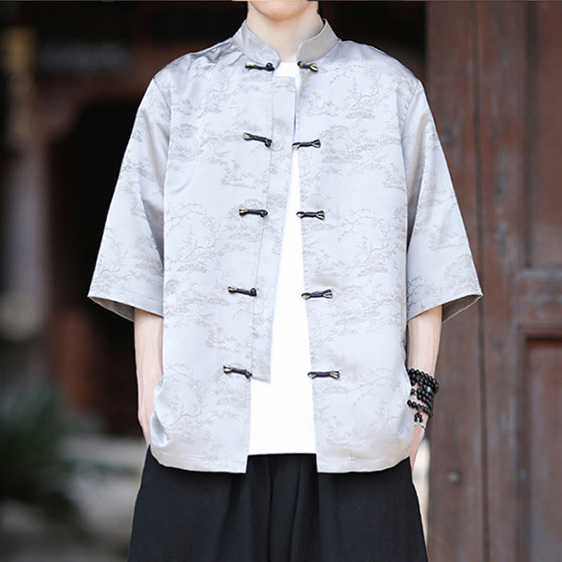Buddha Stones Camisa de hombre de media manga con diseño de botones de rana y estampado de montaña y pino de verano - image 13