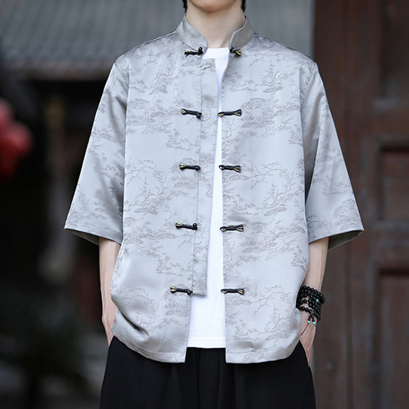 Buddha Stones Camisa de hombre de media manga con diseño de botones de rana y estampado de montaña y pino de verano - image 9