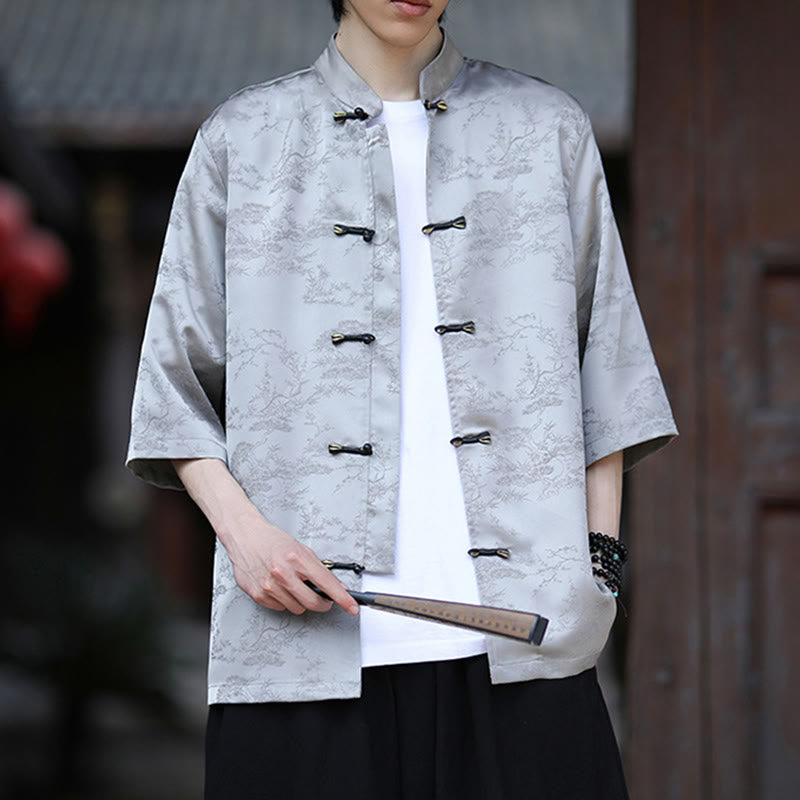 Buddha Stones Camisa de hombre de media manga con diseño de botones de rana y estampado de montaña y pino de verano - image 10