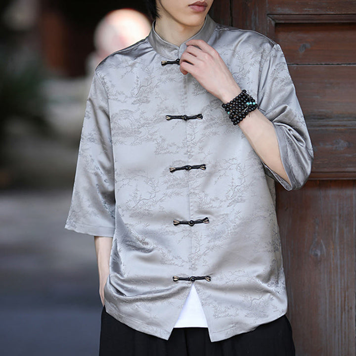 Buddha Stones Camisa de hombre de media manga con diseño de botones de rana y estampado de montaña y pino de verano - image 12