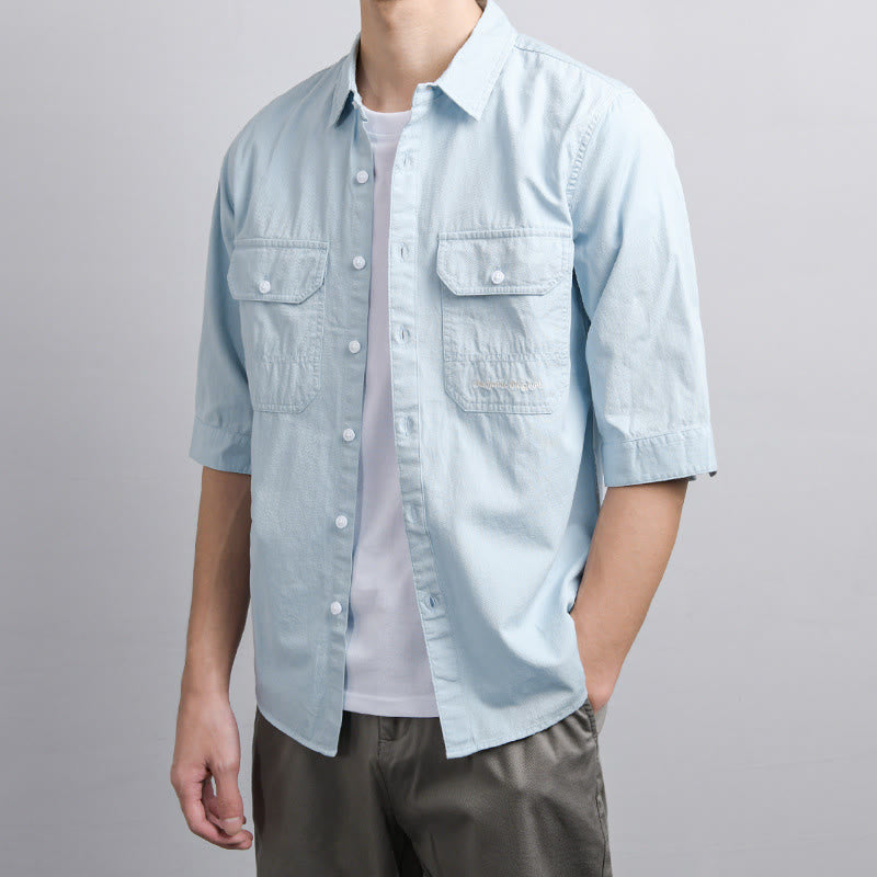 Buddha Stones Camisa de algodón de media manga para hombre, de verano, con botones y dos bolsillos decorativos - image 5