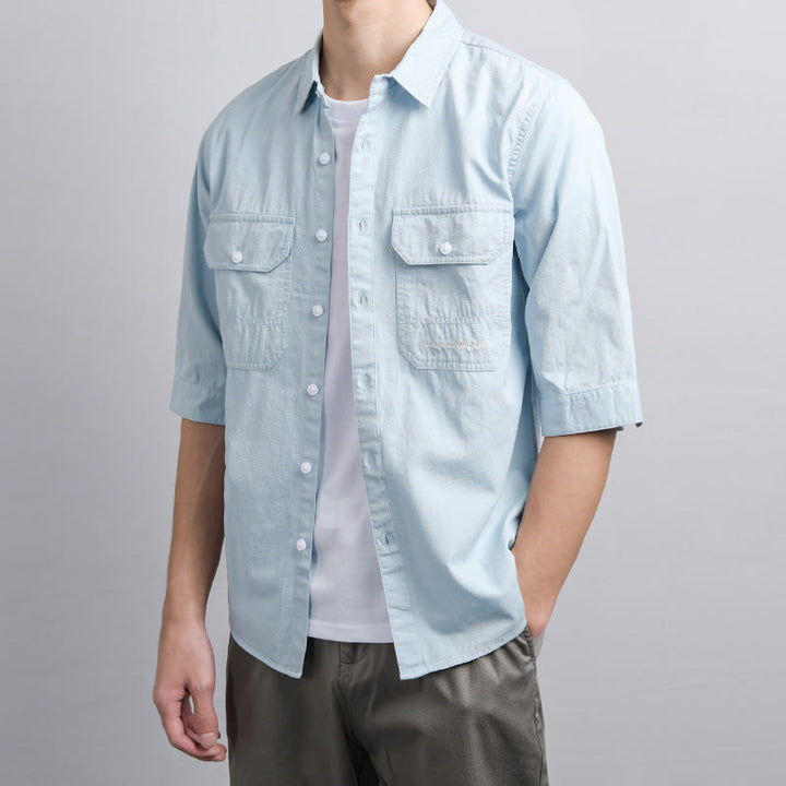 Buddha Stones Camisa de algodón de media manga para hombre, de verano, con botones y dos bolsillos decorativos - image 5