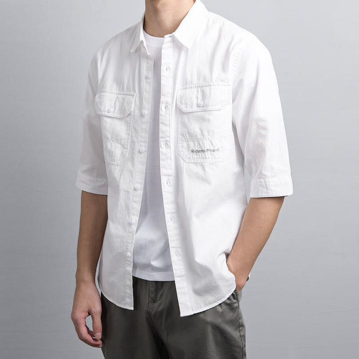 Buddha Stones Camisa de algodón de media manga para hombre, de verano, con botones y dos bolsillos decorativos - image 13