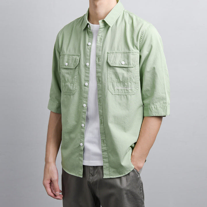 Buddha Stones Camisa de algodón de media manga para hombre, de verano, con botones y dos bolsillos decorativos - image 8