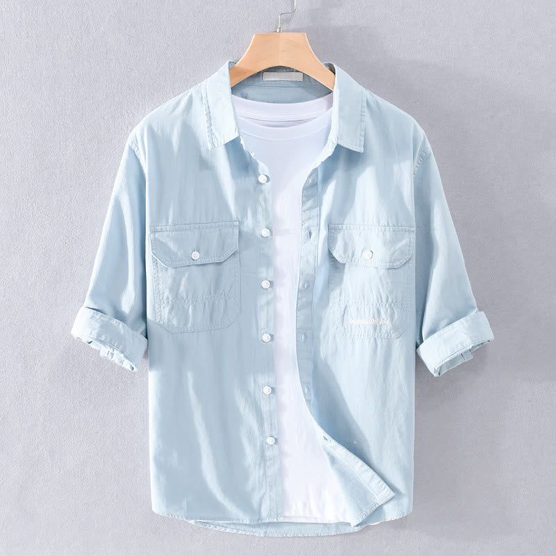 Buddha Stones Camisa de algodón de media manga para hombre, de verano, con botones y dos bolsillos decorativos - Azul polvoriento - US/UK/AU40, UE50 (3XL) - image 0