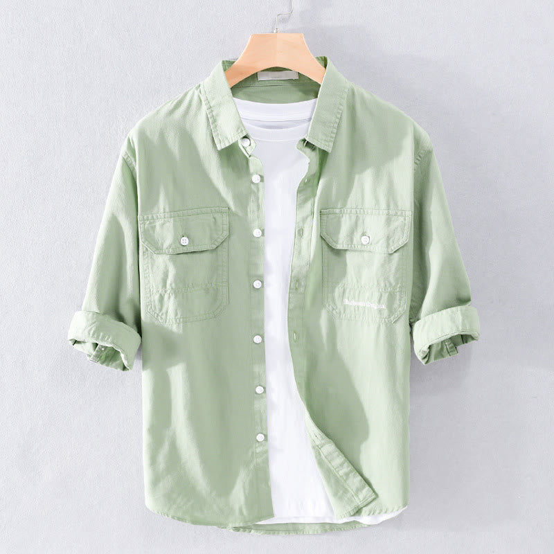 Buddha Stones Camisa de algodón de media manga para hombre, de verano, con botones y dos bolsillos decorativos - Verde pálido - US/UK/AU40, UE50 (3XL) - image 7