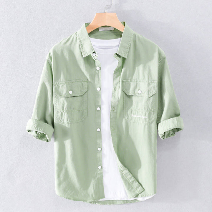 Buddha Stones Camisa de algodón de media manga para hombre, de verano, con botones y dos bolsillos decorativos - Verde pálido - US/UK/AU40, UE50 (3XL) - image 7