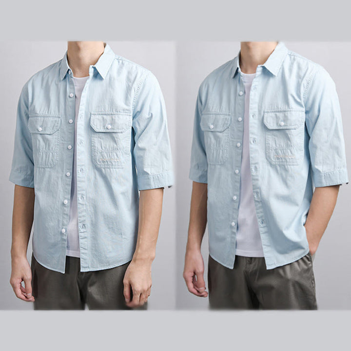 Buddha Stones Camisa de algodón de media manga para hombre, de verano, con botones y dos bolsillos decorativos - image 6