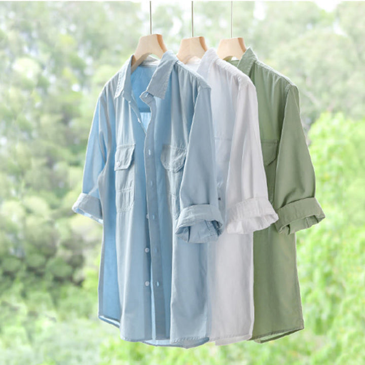 Buddha Stones Camisa de algodón de media manga para hombre, de verano, con botones y dos bolsillos decorativos - image 22