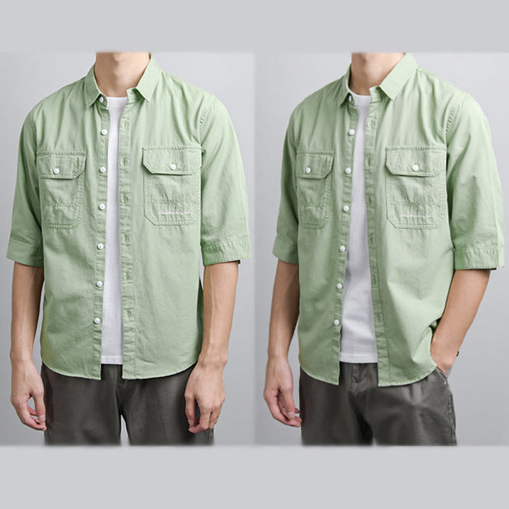 Buddha Stones Camisa de algodón de media manga para hombre, de verano, con botones y dos bolsillos decorativos - image 9