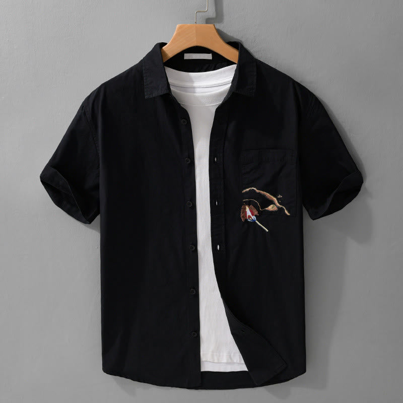 Buddha Stones Camisa de algodón de manga corta para hombre, con botones y bordado de pájaros, con bolsillo decorativo, de verano - Negro - US/UK/AU40, UE50 (3XL) - image 10