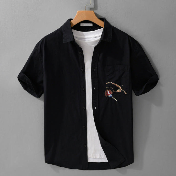 Buddha Stones Camisa de algodón de manga corta para hombre, con botones y bordado de pájaros, con bolsillo decorativo, de verano - Negro - US/UK/AU40, UE50 (3XL) - image 10