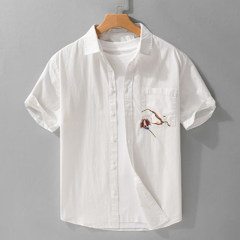 Buddha Stones Camisa de algodón de manga corta para hombre, con botones y bordado de pájaros, con bolsillo decorativo, de verano - Blanco - US/UK/AU40, UE50 (3XL) - image 0