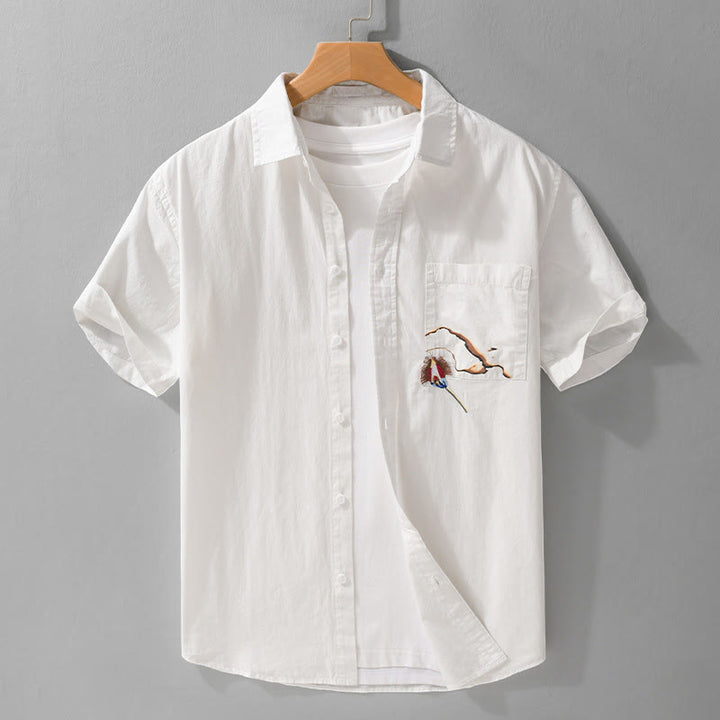 Buddha Stones Camisa de algodón de manga corta para hombre, con botones y bordado de pájaros, con bolsillo decorativo, de verano - Blanco - US/UK/AU40, UE50 (3XL) - image 0