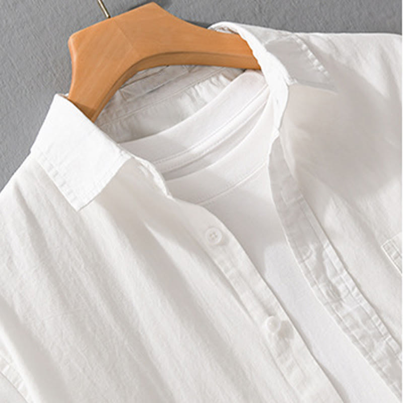 Buddha Stones Camisa de algodón de manga corta para hombre, con botones y bordado de pájaros, con bolsillo decorativo, de verano - image 3