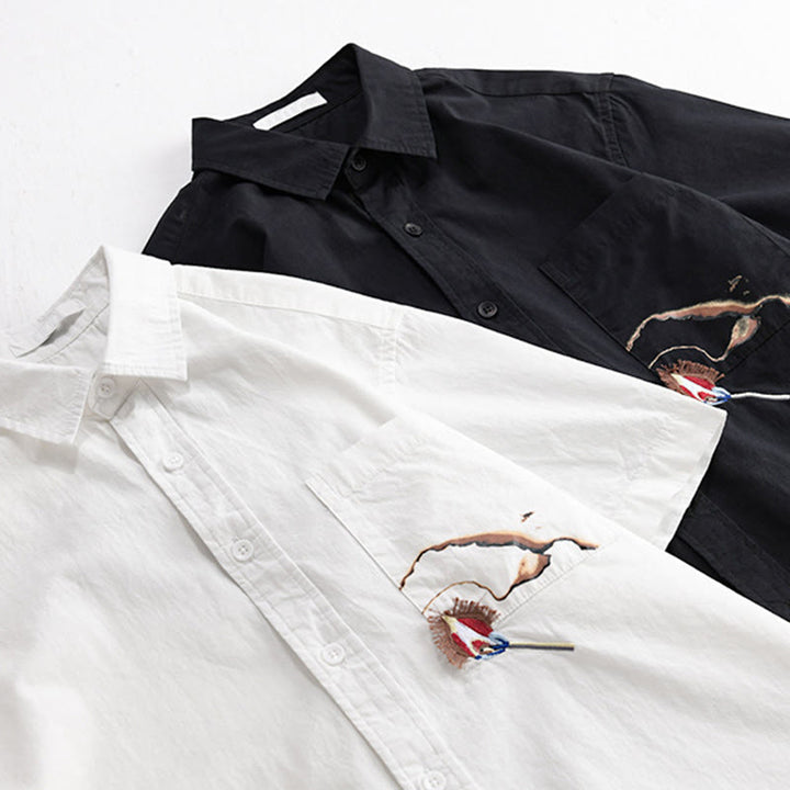 Buddha Stones Camisa de algodón de manga corta para hombre, con botones y bordado de pájaros, con bolsillo decorativo, de verano - image 15