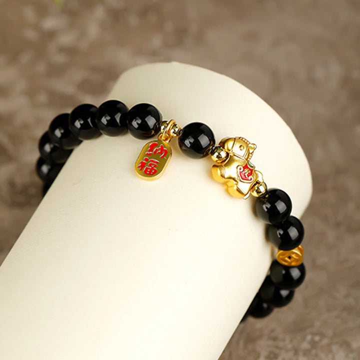Buddha Stones Pulsera de fuerza de obsidiana negra del Año del Caballo - image 4