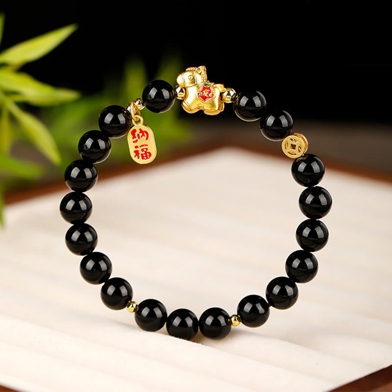 Buddha Stones Pulsera de fuerza de obsidiana negra del Año del Caballo - image 2
