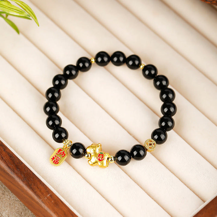 Buddha Stones Pulsera de fuerza de obsidiana negra del Año del Caballo - image 1