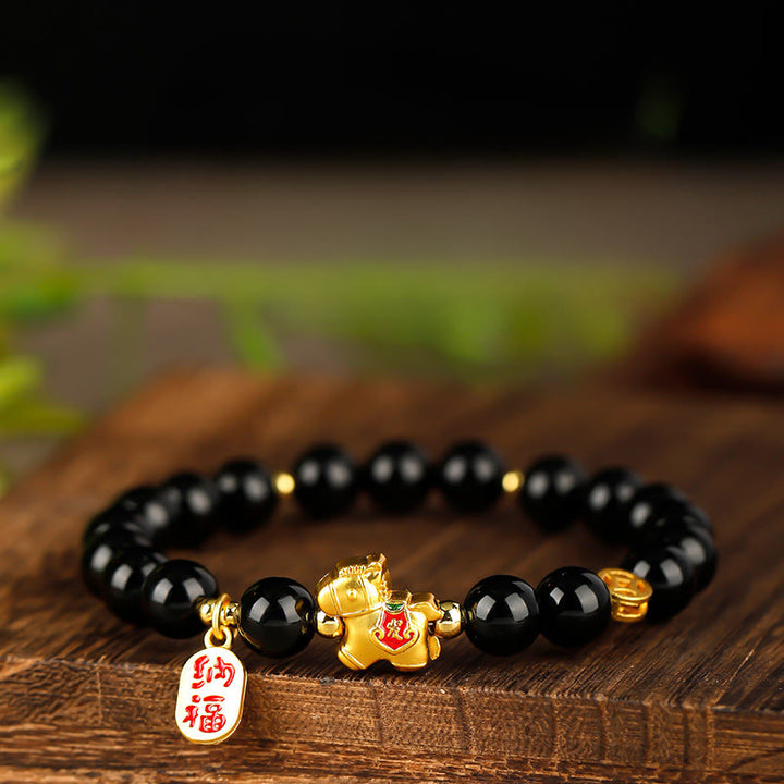 Buddha Stones Pulsera de fuerza de obsidiana negra del Año del Caballo - Obsidiana negra (circunferencia de la muñeca: 17 cm) - 10 mm - image 0