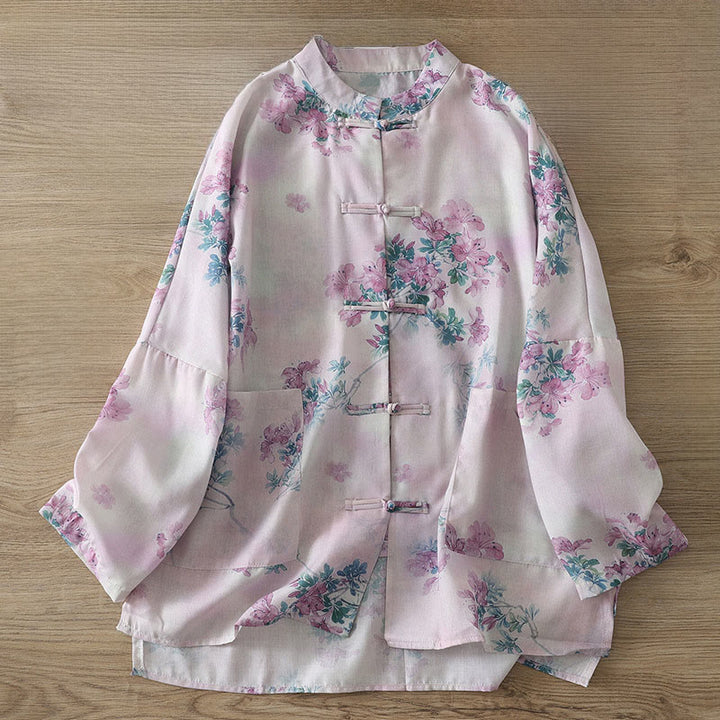 Buddha Stones Camisa de algodón para mujer, manga larga, cuello alto, botones de rana, estampado floral morado y hojas verdes de otoño - Lavanda Rubor - US14，UK/AU18，EU46 (2XL) - image 0