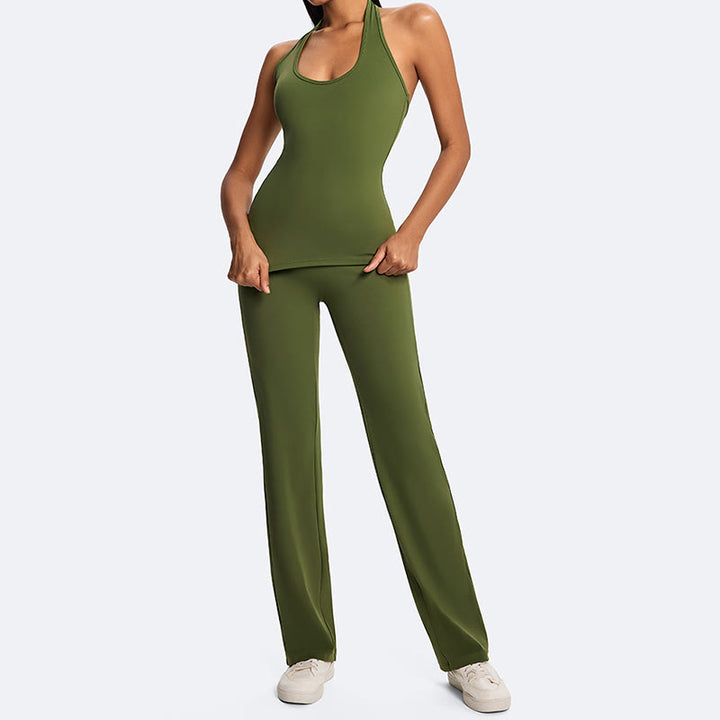Buddha Stones Top corto liso con cuello halter, espalda descubierta, sin mangas, pantalones de pierna recta para deportes, fitness y yoga. - image 15