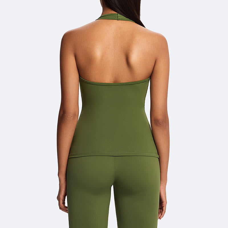 Buddha Stones Top corto liso con cuello halter, espalda descubierta, sin mangas, pantalones de pierna recta para deportes, fitness y yoga. - image 9