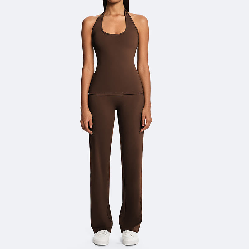 Buddha Stones Top corto liso con cuello halter, espalda descubierta, sin mangas, pantalones de pierna recta para deportes, fitness y yoga. - image 6