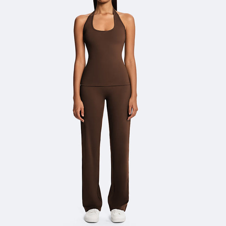 Buddha Stones Top corto liso con cuello halter, espalda descubierta, sin mangas, pantalones de pierna recta para deportes, fitness y yoga. - image 6
