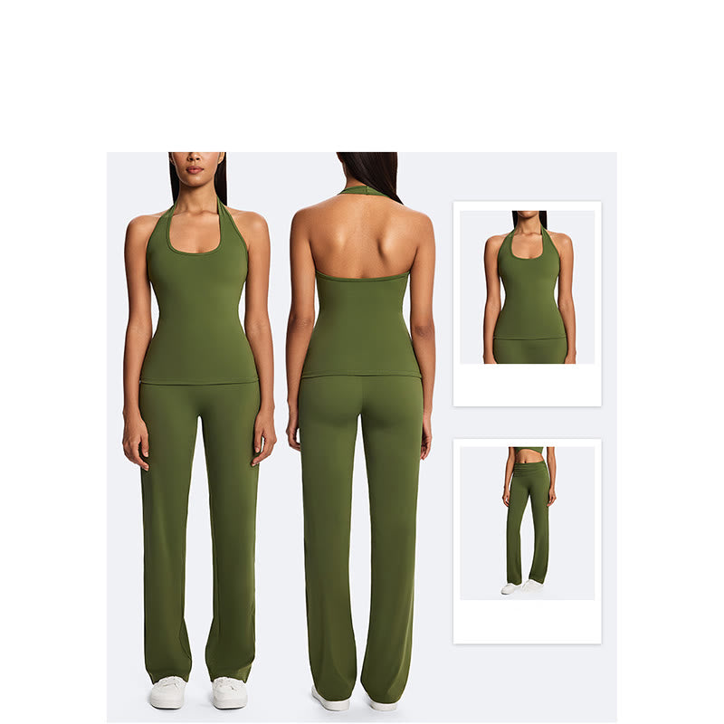 Buddha Stones Top corto liso con cuello halter, espalda descubierta, sin mangas, pantalones de pierna recta para deportes, fitness y yoga. - image 19