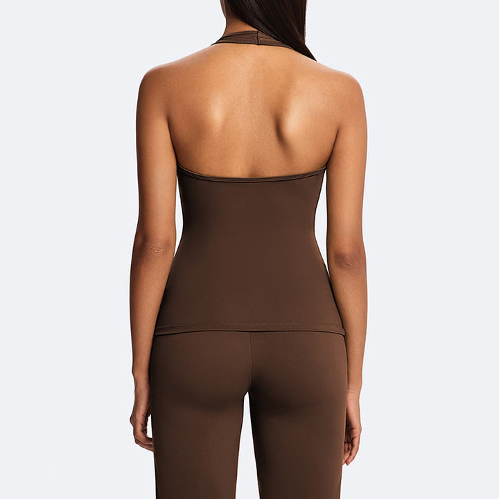 Buddha Stones Top corto liso con cuello halter, espalda descubierta, sin mangas, pantalones de pierna recta para deportes, fitness y yoga. - image 2