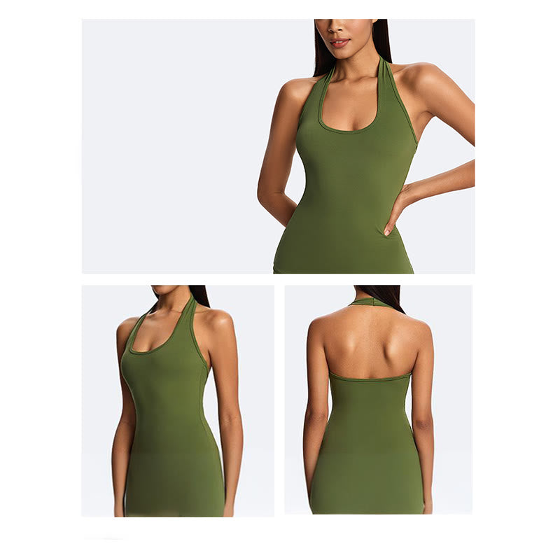 Buddha Stones Top corto liso con cuello halter, espalda descubierta, sin mangas, pantalones de pierna recta para deportes, fitness y yoga. - image 18