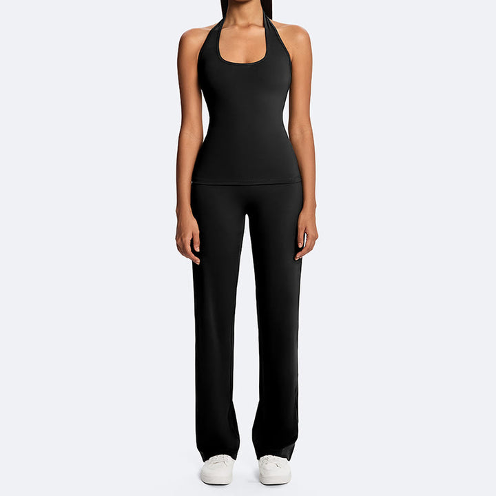 Buddha Stones Top corto liso con cuello halter, espalda descubierta, sin mangas, pantalones de pierna recta para deportes, fitness y yoga. - image 26