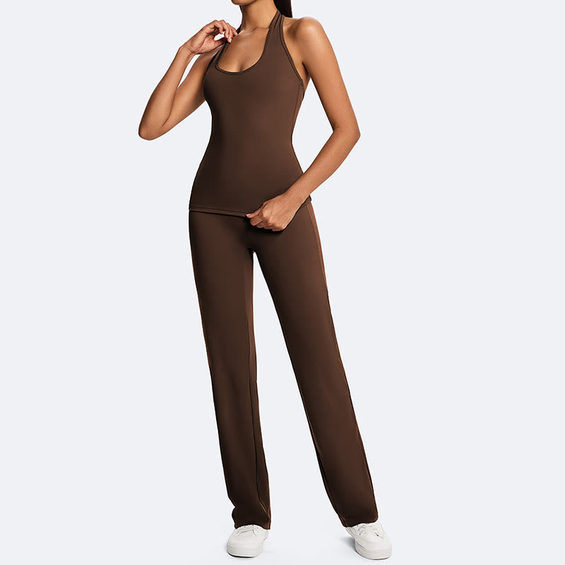 Buddha Stones Top corto liso con cuello halter, espalda descubierta, sin mangas, pantalones de pierna recta para deportes, fitness y yoga. - image 0