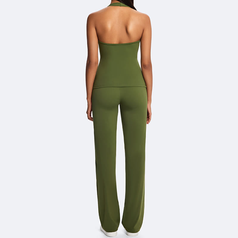 Buddha Stones Top corto liso con cuello halter, espalda descubierta, sin mangas, pantalones de pierna recta para deportes, fitness y yoga. - image 16