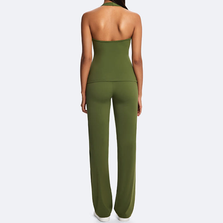 Buddha Stones Top corto liso con cuello halter, espalda descubierta, sin mangas, pantalones de pierna recta para deportes, fitness y yoga. - image 16