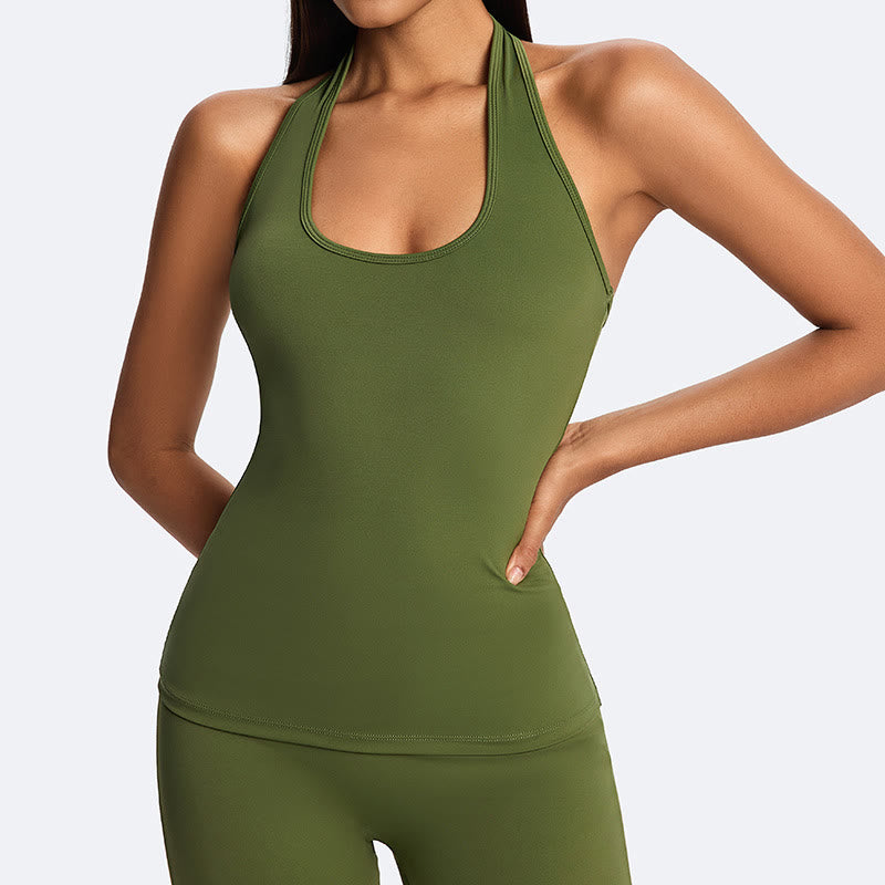Buddha Stones Top corto liso con cuello halter, espalda descubierta, sin mangas, pantalones de pierna recta para deportes, fitness y yoga. - Verde oliva (solo la parte superior) - US14，UK/AU18，EU46 (2XL) - image 7