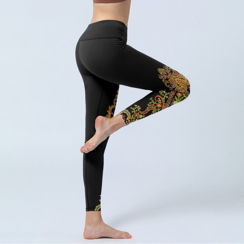 Buddha Stones Leggings deportivos con estampado floral de cachemira multicolor para mujer - image 3