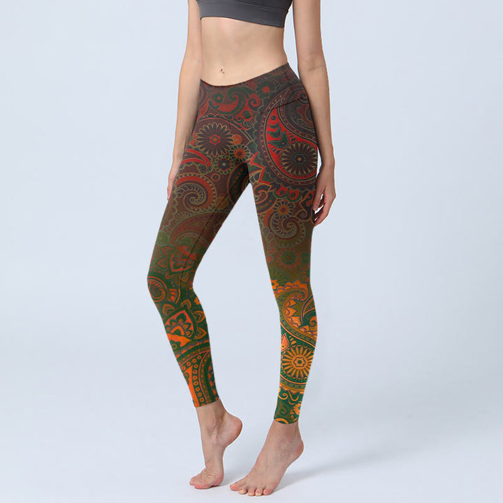 Buddha Stones Leggings deportivos con estampado de cachemira y flores de anacardo para mujer - Marrón silla de montar - US18，UK/AU22，EU50 (4XL) - image 0