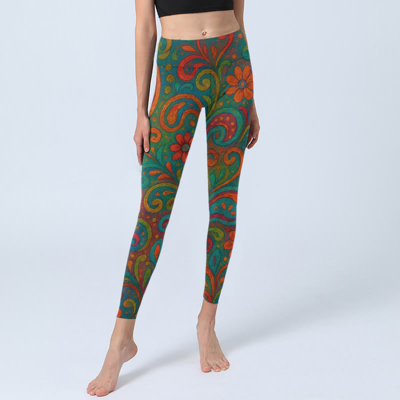Buddha Stones Leggings de yoga para mujer con estampado floral vibrante y remolino de cachemira - image 5
