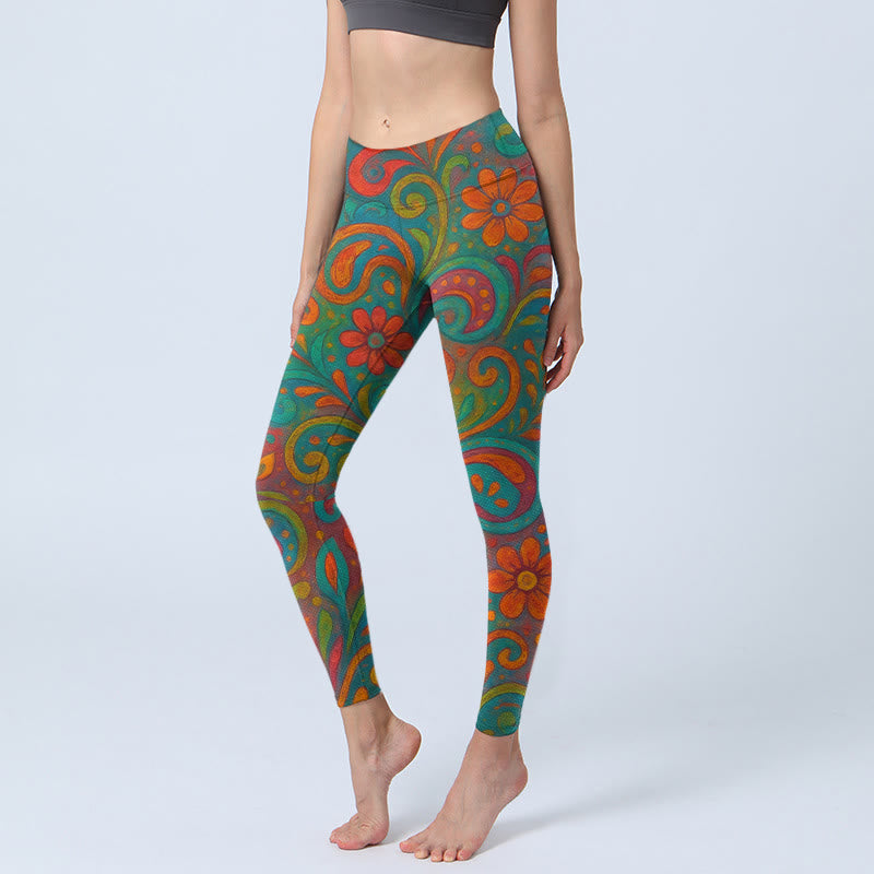 Buddha Stones Leggings de yoga para mujer con estampado floral vibrante y remolino de cachemira - Aguamarina mediana - US18，UK/AU22，EU50 (4XL) - image 0