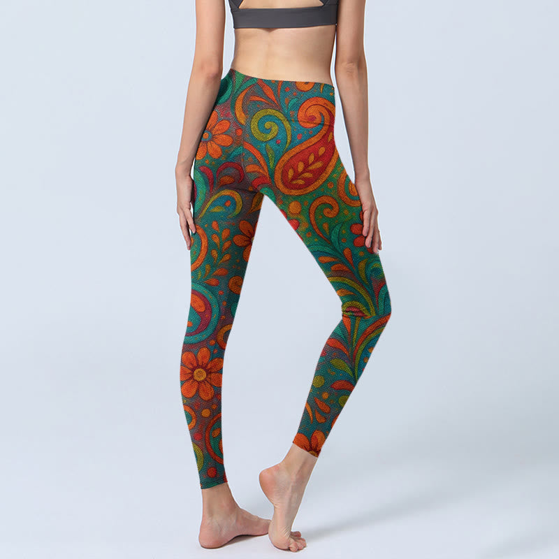Buddha Stones Leggings de yoga para mujer con estampado floral vibrante y remolino de cachemira - image 4