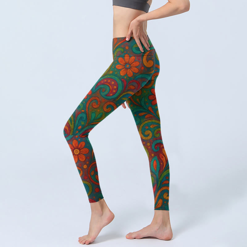 Buddha Stones Leggings de yoga para mujer con estampado floral vibrante y remolino de cachemira - image 2
