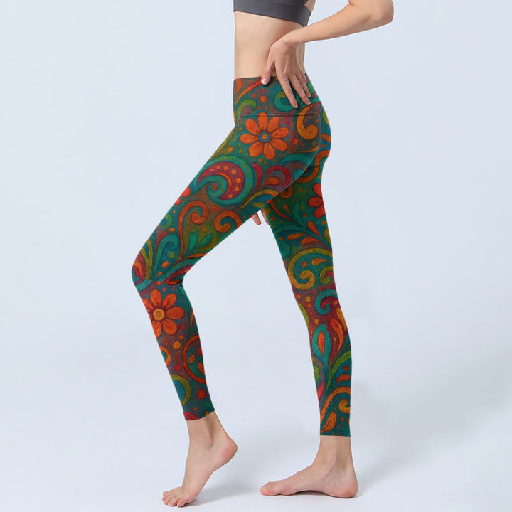 Buddha Stones Leggings de yoga para mujer con estampado floral vibrante y remolino de cachemira - image 2