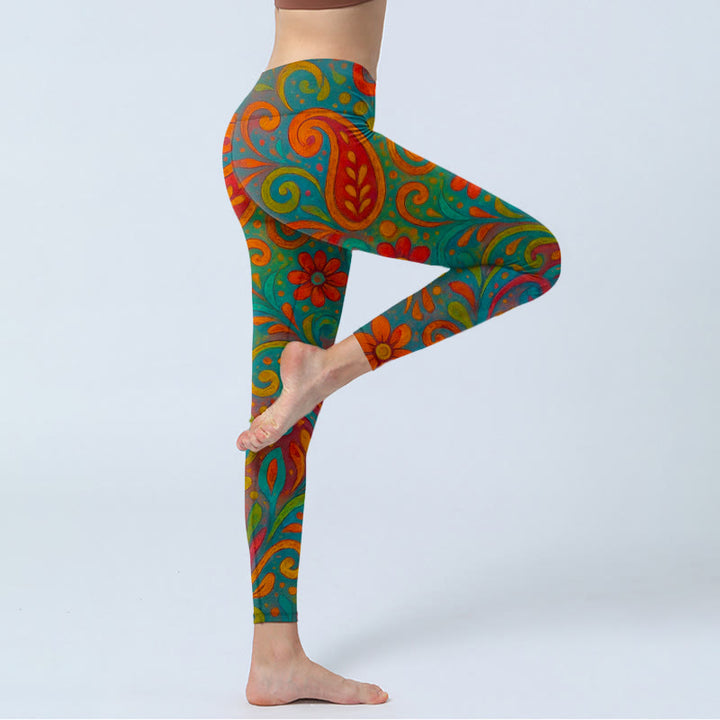Buddha Stones Leggings de yoga para mujer con estampado floral vibrante y remolino de cachemira - image 3