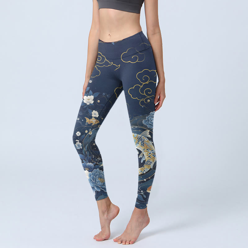 Buddha Stones Leggings de yoga para mujer con estampado de peces koi y flores de peonía en azul y blanco - Azul acero - US18，UK/AU22，EU50 (4XL) - image 0